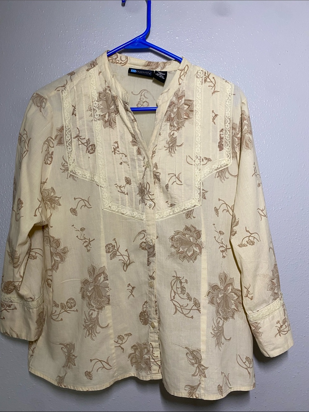 Vintage Cream and Brown Floral Button-Down Casual Shirt
